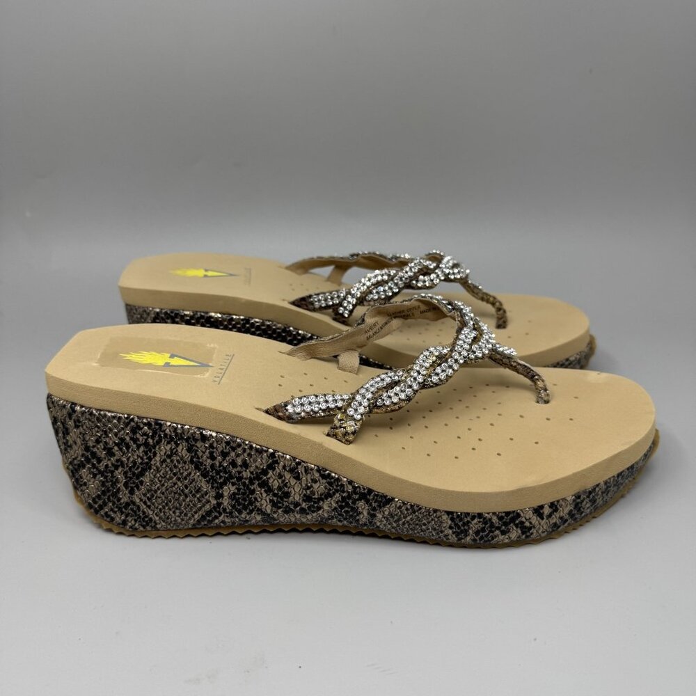 Volatile Avery Wedge Sandals Womens Size 9 Brown Rhinestone Braided Thong Shoes